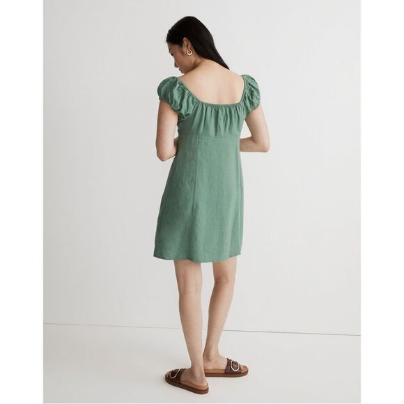 NWT Madewell Linen Margie Cap Sleeve Button Down Mini Dress in Green - Picture 3 of 10